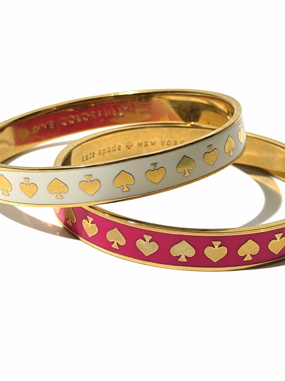 2 kate spade ♠️ gold-tone hot to trot spade bangle bracelets - white pink enamel - Picture 2 of 8
